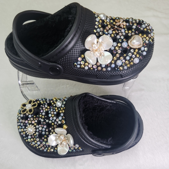 Kids Lined Black Bejeweled Clogs - Picture 2 of 7